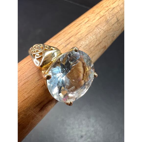 Vintage 14K Gold Aquamarine Solitaire Ring Filigree Statement Size 7 - Picture 10 of 16